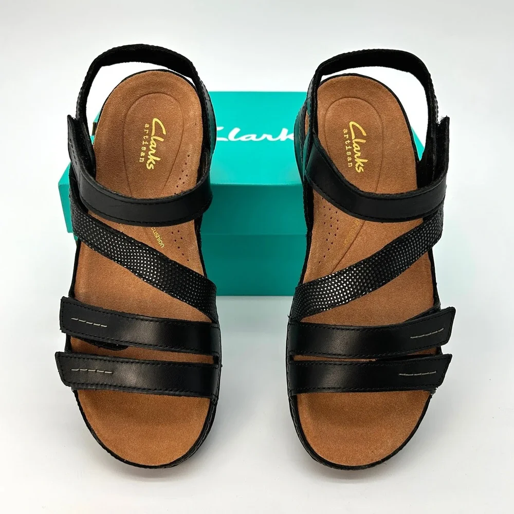 Womens Sandals Clarks Cecily Mix Size 6.5 Wide Black Leather Strappy Comfort NEW